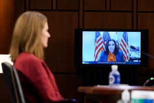 Democratic vice presidential candidate and California Sen. Kamala Harris virtually questions Supreme Court nominee Amy Coney Barrett today.