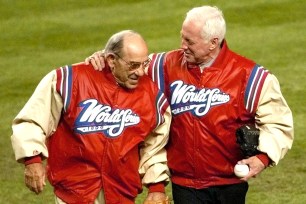 Whitey Ford with Yogi Berra before game 4 of the 1999 World Series between the New York Yankees and the Atlanta Braves at Yankee Stadium in New York, NY.