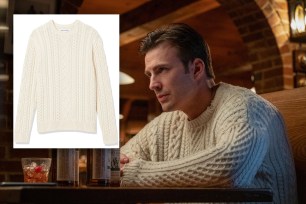 Chris Evans, one of the stars of "Knives Out," in the now-famous cream-colored sweater. Inset: An alluring alternative.