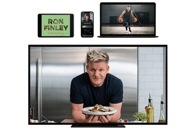 Gordon Ramsey on a TV screen and other instructors on a phone, tablet and computer