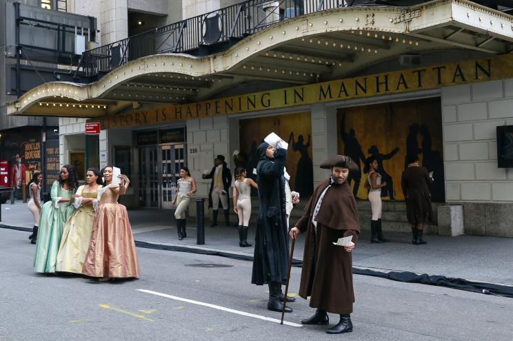 Marc delaCruz and Fergie L. Philippe from the cast of the Broadway show 'Hamilton' are seen pictured pre-taping a show for the 2020 Macy's Thanksgiving Day Parade.