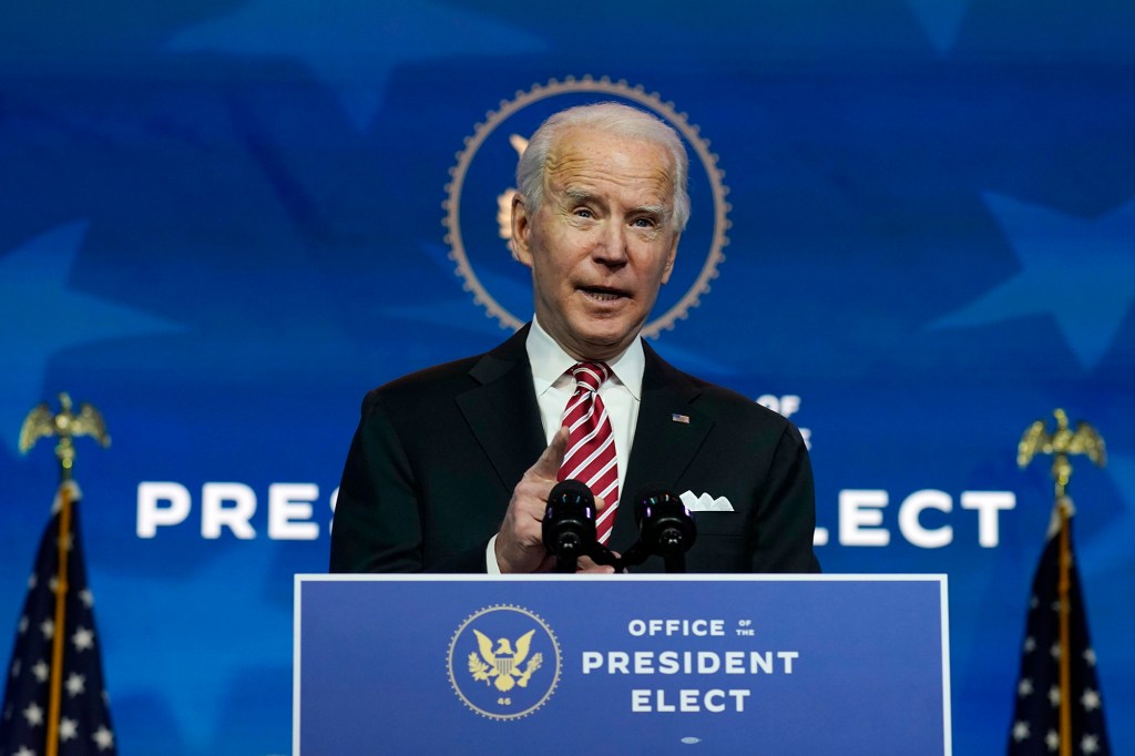 President-elect Joe Biden speak at a news conference in Wilmington, Delaware, yesterday.