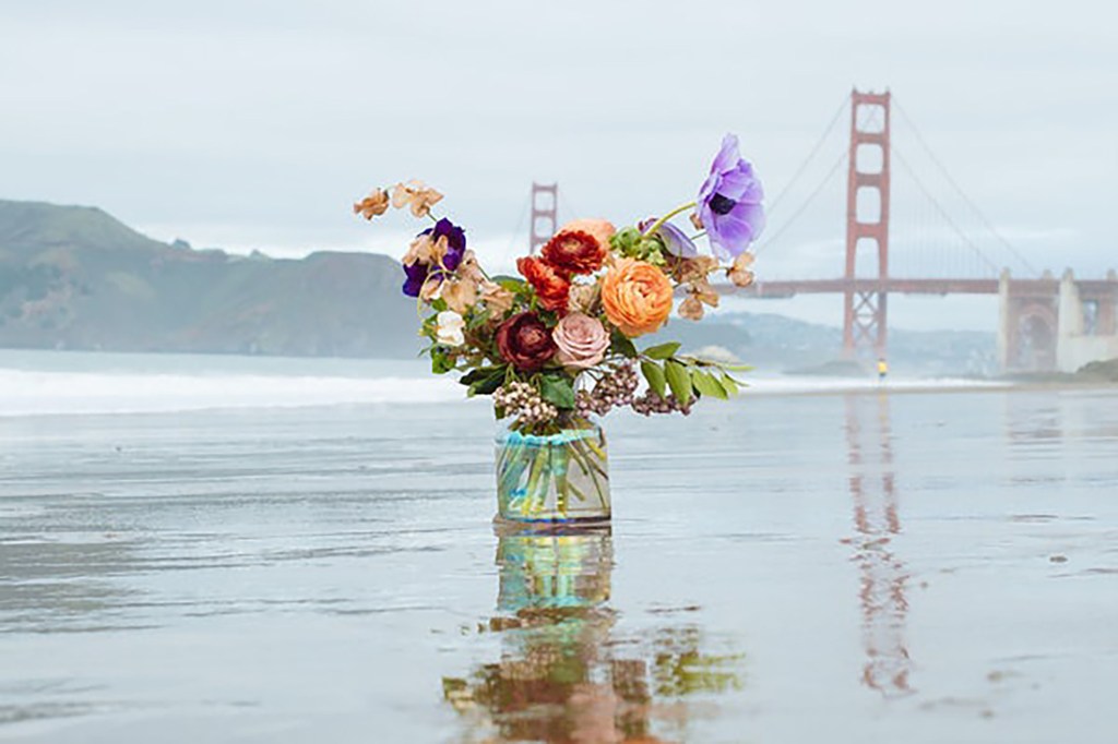 A vase of flowers in front of the Golden Gate bridge