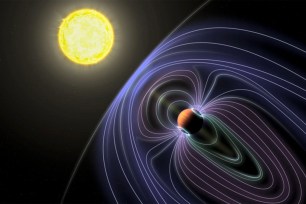 In this artistic rendering of the Tau Boötes b system, the lines representing the invisible magnetic field are shown protecting the hot Jupiter planet from solar wind.