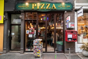 An outside view of Prince Street Pizza on 27 Prince Street, New York, NY.