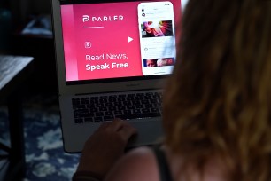 Social media website Parler displayed on a computer screen in Arlington, Virginia.