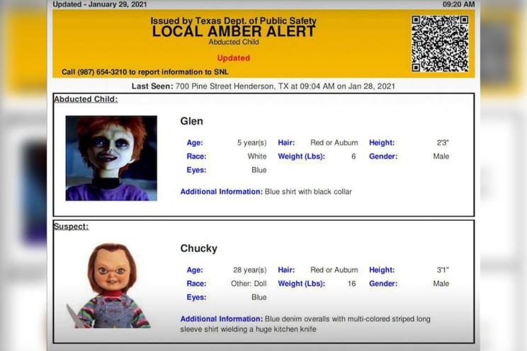 Texas Department of Public Safety accidentally issued a false amber alert for Chucky.