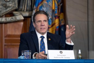 Gov. Andrew Cuomo holds a briefing on the NY's COVID-19 response in Albany, New York.