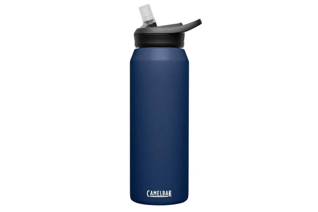 A navy blue CamelBak water bottle with straw 