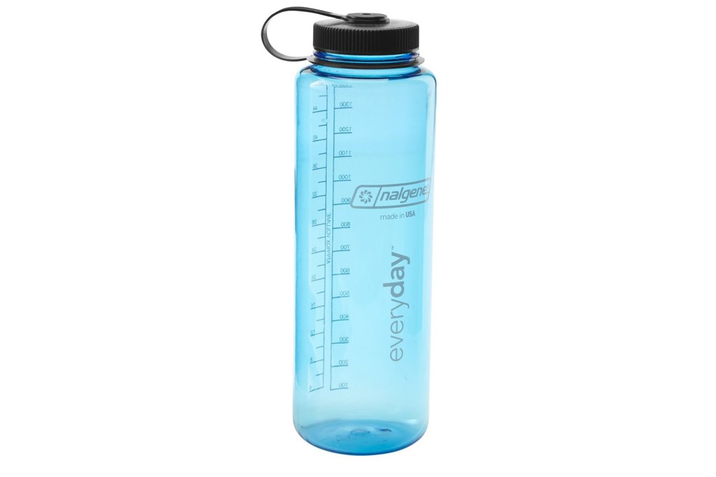 A light blue plastic Nalgene bottle 