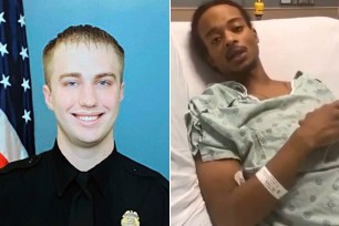 Left, Kenosha Police Officer Rusten Sheskey. Jacob Blake, right, in his hospital bed.