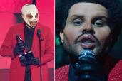 The Weeknd at the 2020 AMAs, left, and in his new music video.