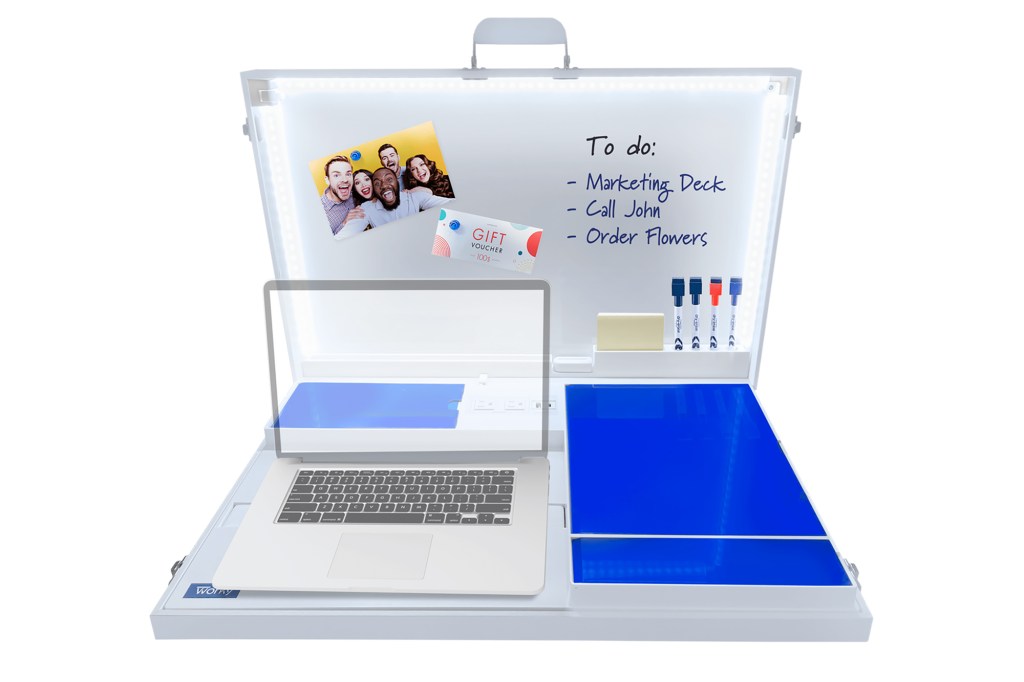 A portable desk with a whiteboard, room for a laptop and more 