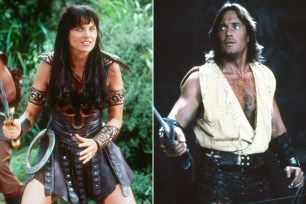 Lucy Lawless as Xena and Kevin Sorbo as Hercules.
