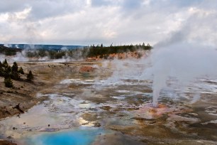 Steam rises from vents of Porcelain Basin in Yellowstone National Park's Norris Geyser Basin.