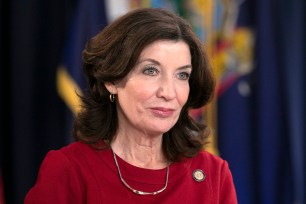 New York Lt. Gov. Kathy Hochul attends a news conference where Gov. Andrew Cuomo signed a bill to allow for advance voting, Thursday, Jan. 24, 2019,