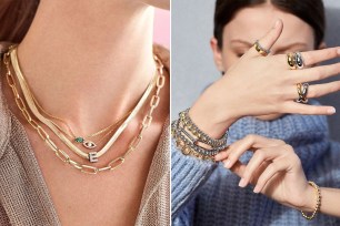 A side by image of a woman's neck with gold necklaces on the left and a woman with bracelets and rings covering her face on the right