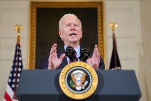 President Joe Biden delivers remarks in the State Dining Room at the White House on February 5, 2021.