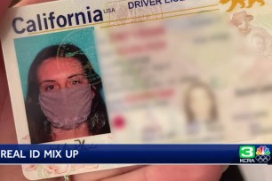 Lesley Pilgrim's California drivers license with a photo of her in a mask.