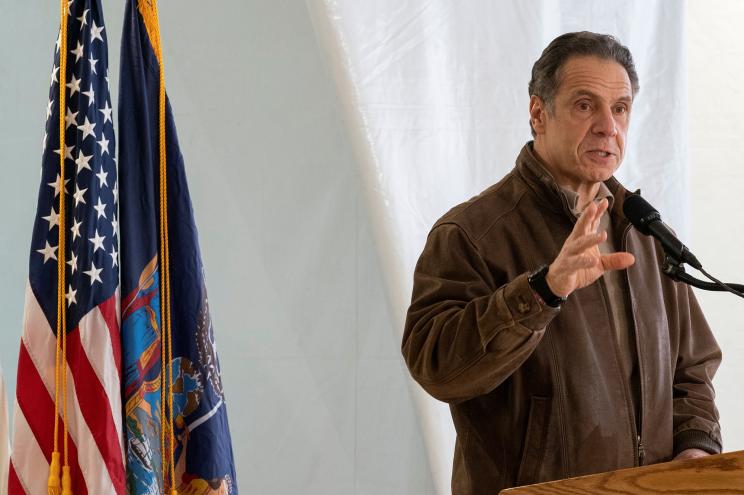 New York Gov. Andrew Cuomo speaks to reporters during a news conference at a COVID-19 pop-up vaccination site