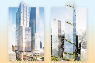 Several new “trophy” office buildings are either searching for renters or about to become available — including 50 Hudson Yards (left), which has 807,000 square feet up for grabs, and the Spiral (right), which needs to fill 1.2 million square feet — leading some to fear an oversaturated market as the pandemic continues to keep workers at home and overall Manhattan availability hits 15 percent. But developers are banking on tenants’ lasting desire for state-of-the-art options.