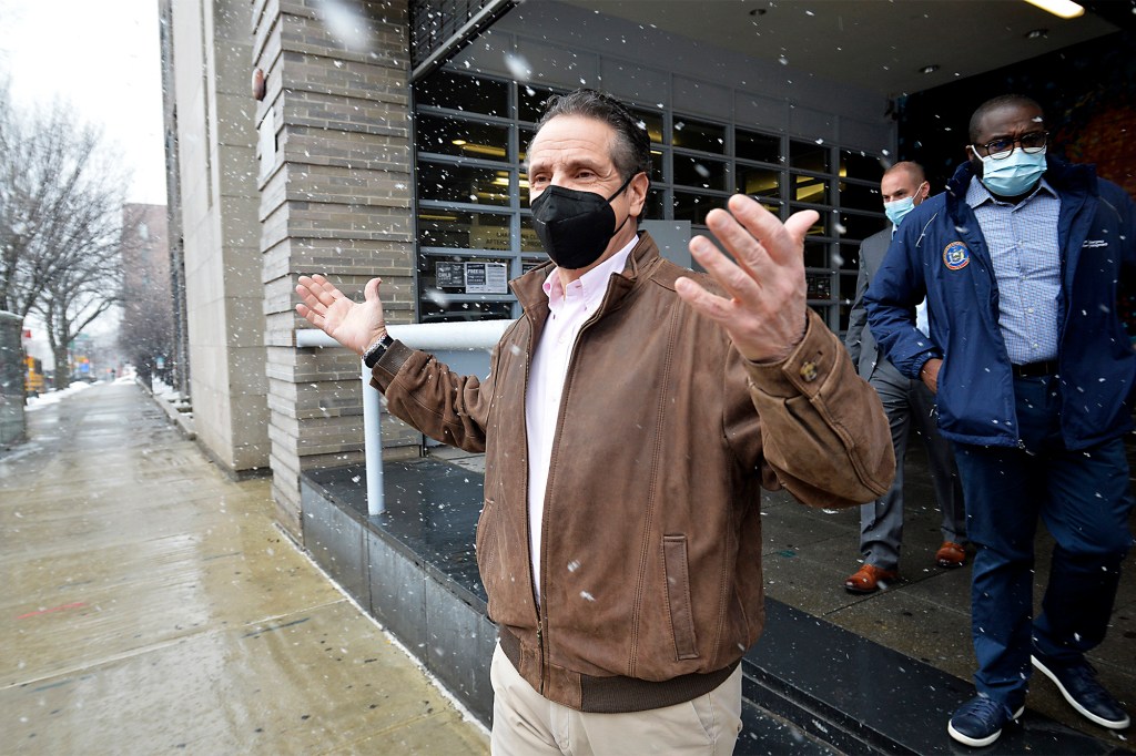 Gov. Andrew Cuomo leaves Medgar Evers College vaccination site in Brooklyn.