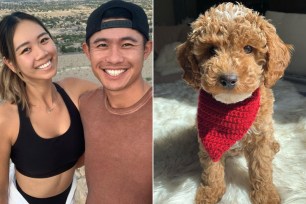 Katherine Zhu and Collin Morikawa honored Tiger Woods over the weekend by dressing their pup in Woods' signature red.
