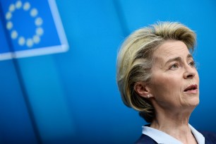 European Commission President Ursula von der Leyen speaks during a media conference at the end of an EU summit in Brussels, Friday, Feb. 26, 2021.