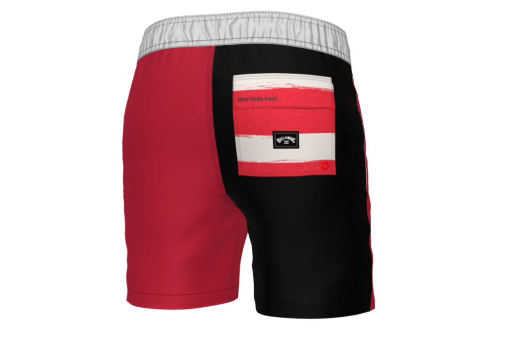 A customized red and black pair of swim trunks with "New York Post" on the back pocket