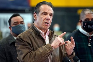 Gov. Andrew Cuomo speaking at press conference in Queens on February 22, 2021.
