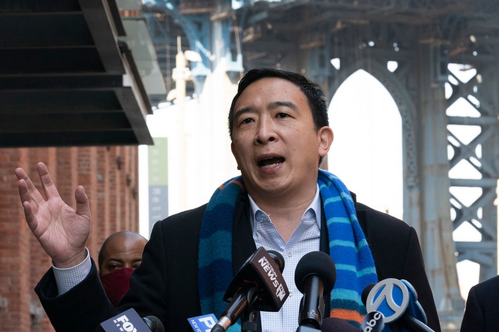 Democratic mayoral candidate Andrew Yang holds a news conference on March 11, 2021.