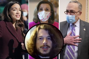 Brendan Hunt (inset) made threats to kill several prominent Democrats, including Nancy Pelosi (center) and Alexandria Ocasio-Cortez (left)