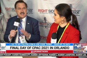 Mike Lindell at the CPAC doing an interview with Right Side Broadcasting Network.