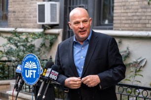 United Teachers Federation president Mike Mulgrew speaks outside of the Mickey Mantle School PS 811 on the Upper West Side