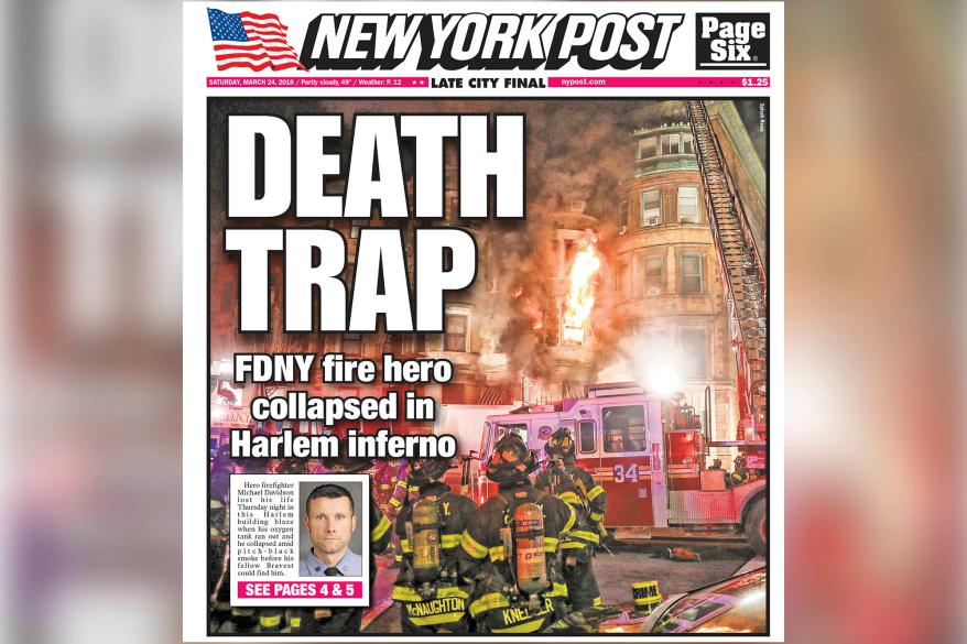 The cover of the New York Post on March 24, 2018 depicting the deadly Harlem fire.