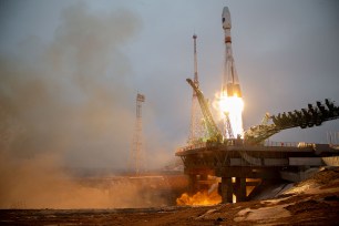 The Soyuz spacecraft with the Arktika-M satellite for monitoring the climate and environment in the Arctic, blasts off from the launchpad at the Baikonur Cosmodrome, Kazakhstan February 28, 2021.