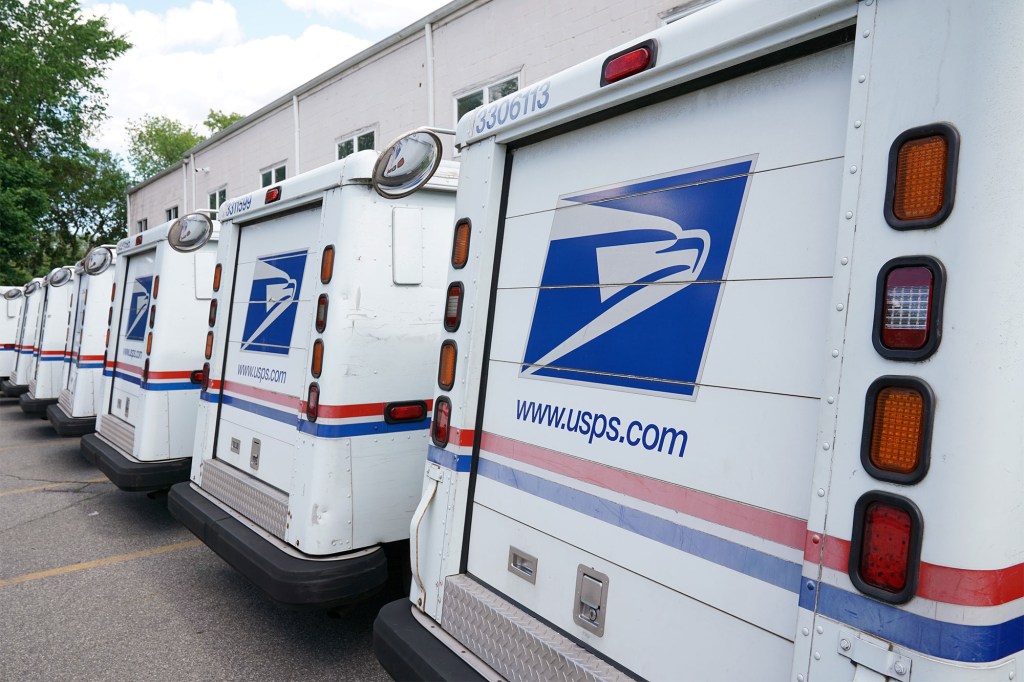 U.S. Postal Service trucks in Hawthorne, NJ on May 27, 2019.
