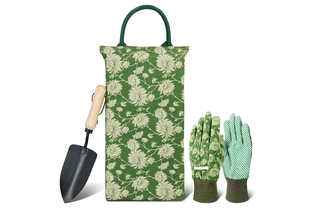 A three-piece set of a kneeling pad, gloves and a shovel for gardening 