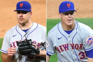 Relievers Trevor May (left) and Aaron Loup struggled in their first outings as Mets.