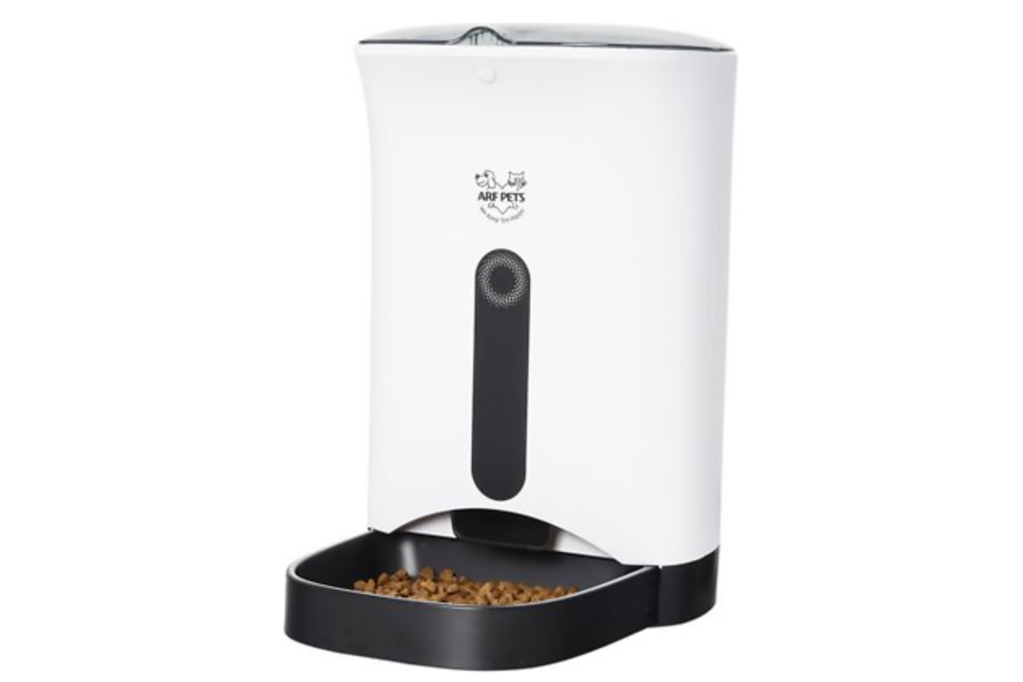 A white automatic pet feeder