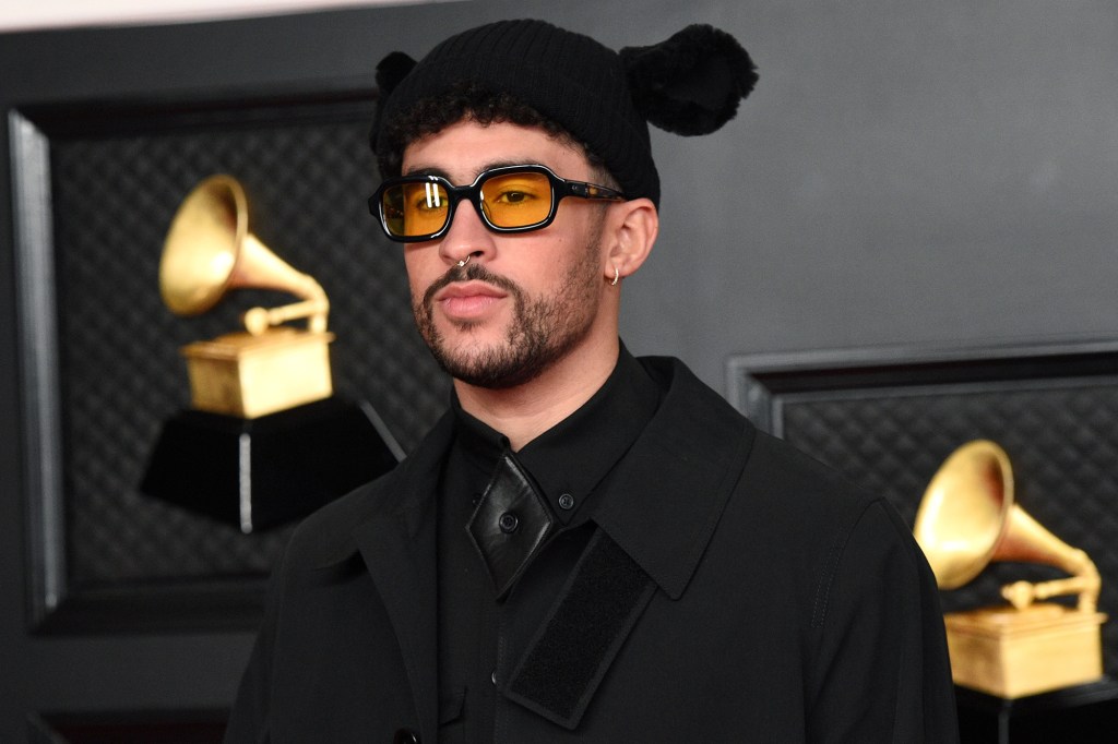 LOS ANGELES, CALIFORNIA - MARCH 14: Bad Bunny attends the 63rd Annual GRAMMY Awards at Los Angeles Convention Center on March 14, 2021 in Los Angeles, California. (Photo by Kevin Mazur/Getty Images for The Recording Academy )