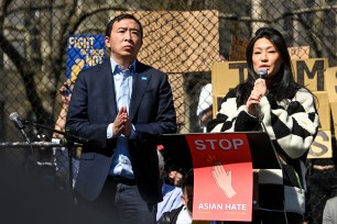 New York City Mayoral candidate Andrew Yang stands next to his wife, Evelyn Yang last month. Evelyn came out in support of a Scott Stringer sex assault accuser.