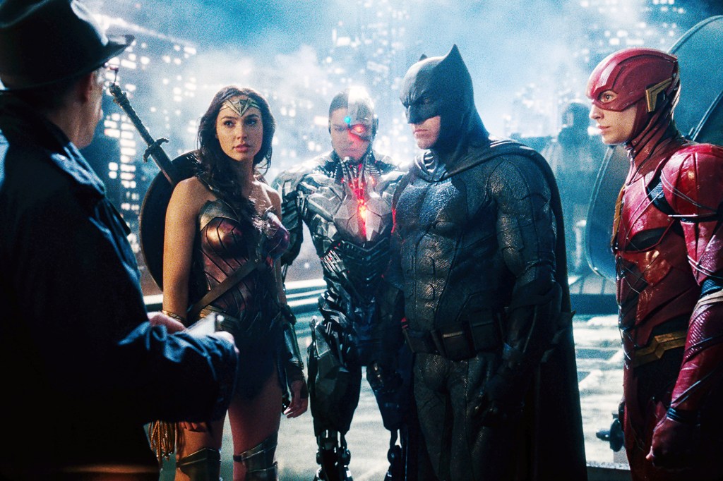 Gal Gadot as Wonder Woman, Ray Fisher as Cyborg, Ben Affleck as Batman and Ezra Miller as The Flash in "Justice League."