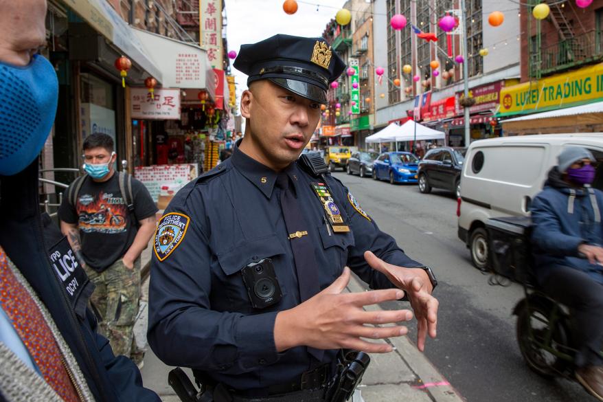 Fifth Precinct Community Affairs Detective Vincent Cheung is in the Chinatown neighborhood in the borough of Manhattan in New York City on Thursday, April 1, 2021 amid a spike in anti-Asian hate crimes in the city.