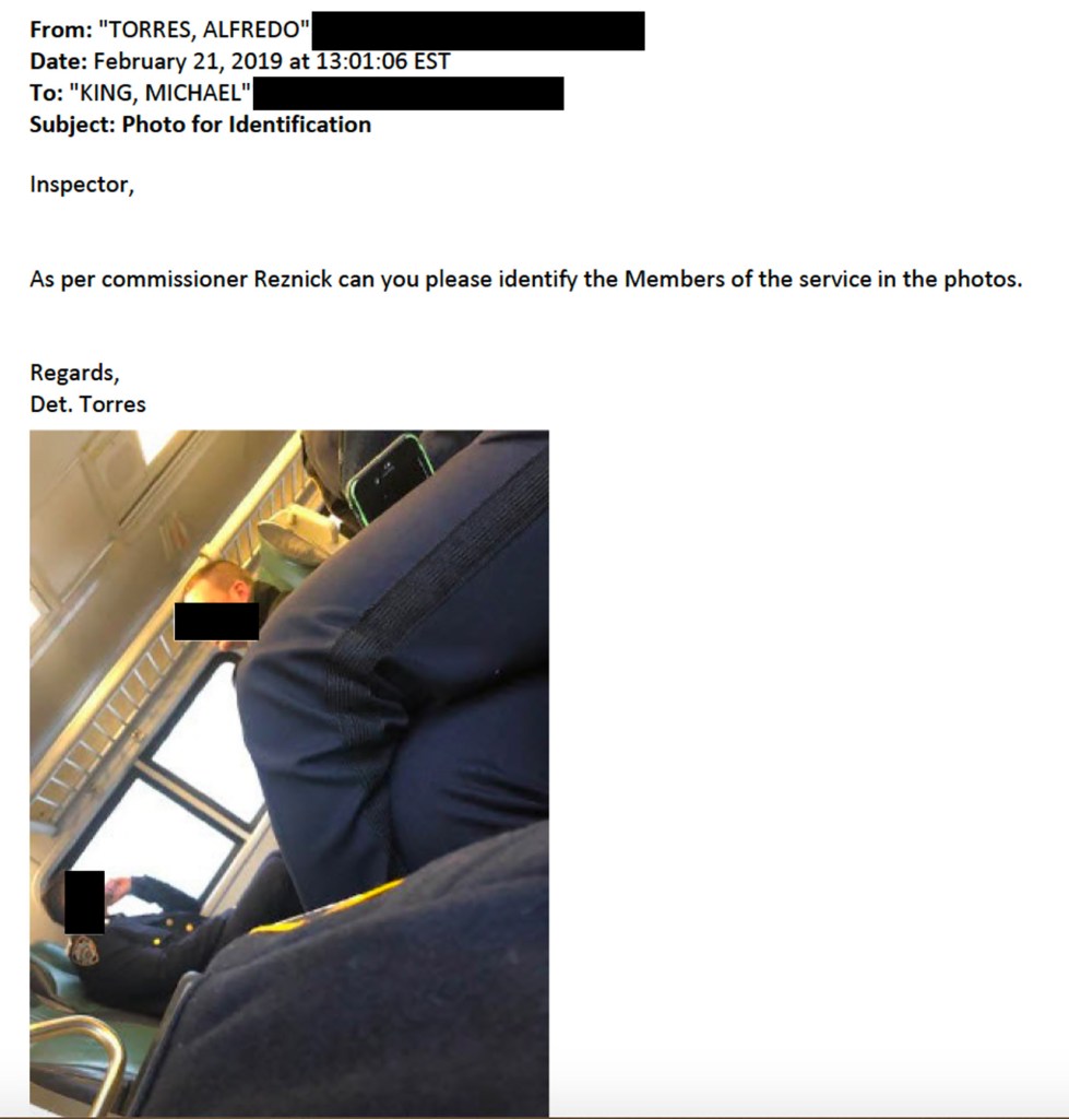 A screenshot of the email showing two NYPD cops be identified with facial-recognition software