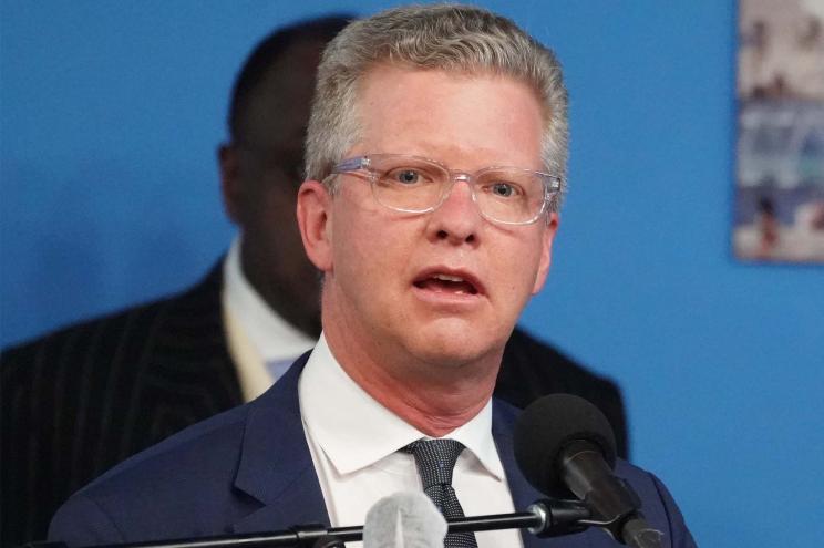 Mayoral candidate Shaun Donovan speaking at National Action Network headquarters on March 18, 2021.