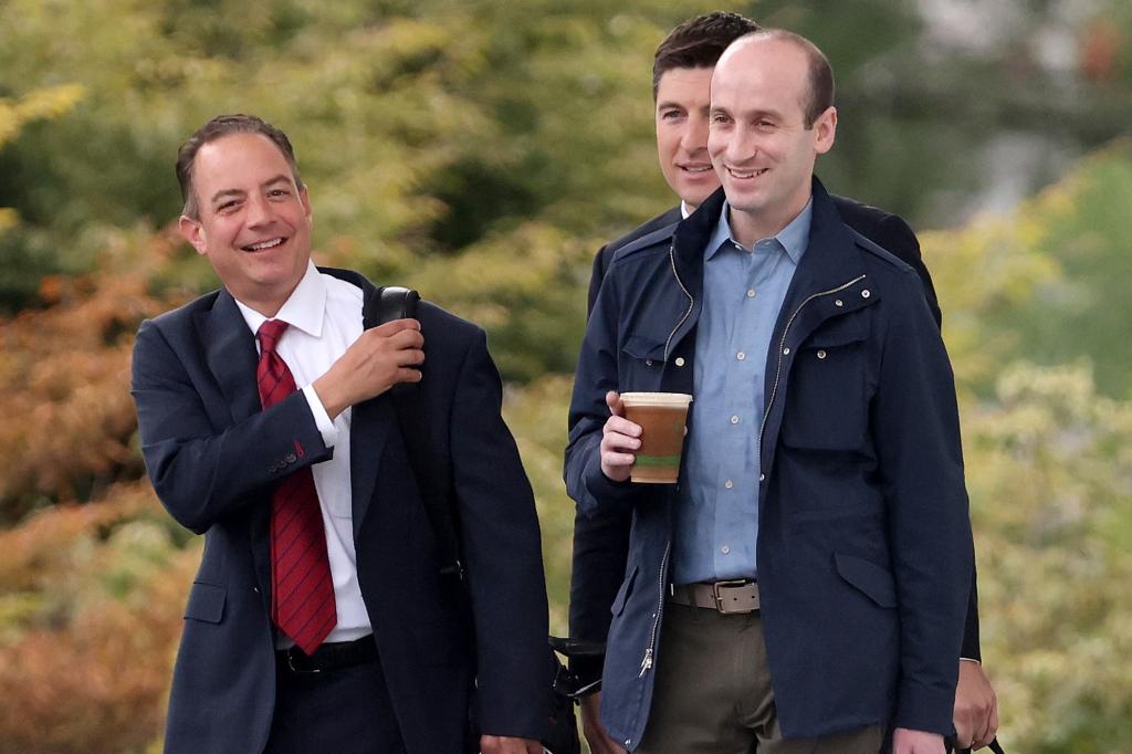 Stephen Miller walks with former White House Chief of Staff Reince Priebus on Sept 1, 2020, in Washington, DC.