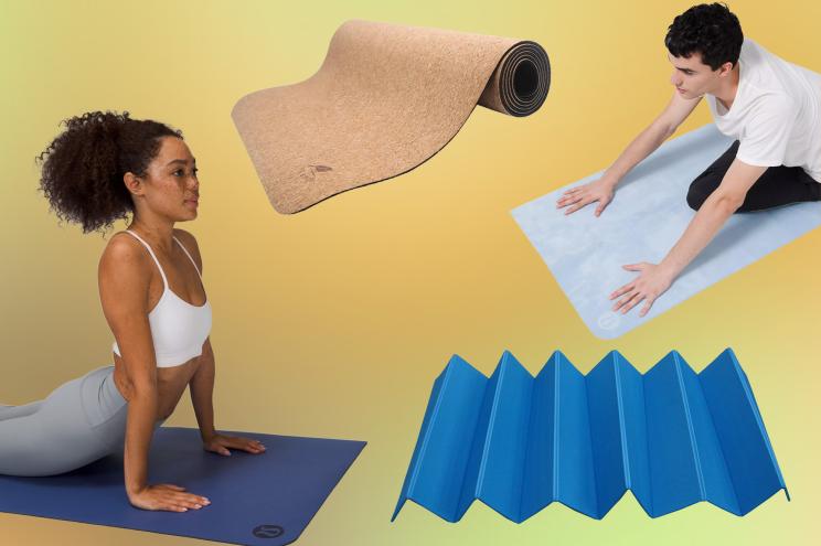 A collage of a man and woman doing yoga on mats and two other yoga mats on a brown and green background