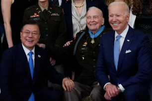 President Joe Biden, retired U.S. Army Col. Ralph Puckett and South Korean President Moon Jae-in
