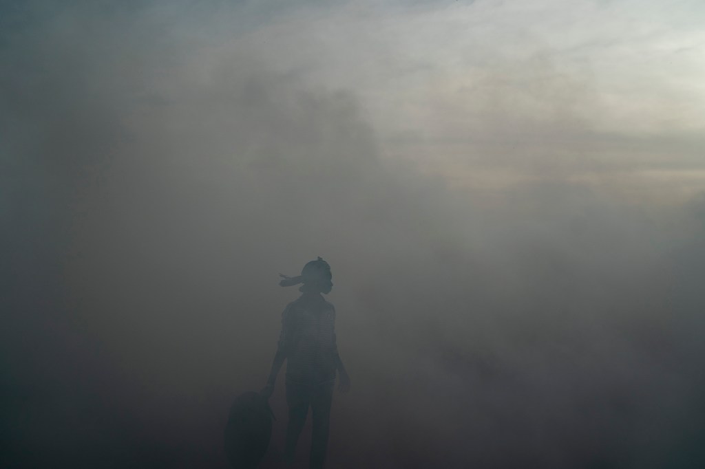 A woman working on a fish processing site walks through the thick smoke coming from burning peanut shells used to cure fish on Bargny beach, some 35 kilometers (22 miles) east of Dakar, Senegal, Wednesday April 21, 2021. 